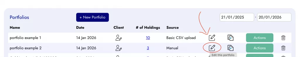 Diversiview dashboard screenshot example showing the ability to edit a portfolio